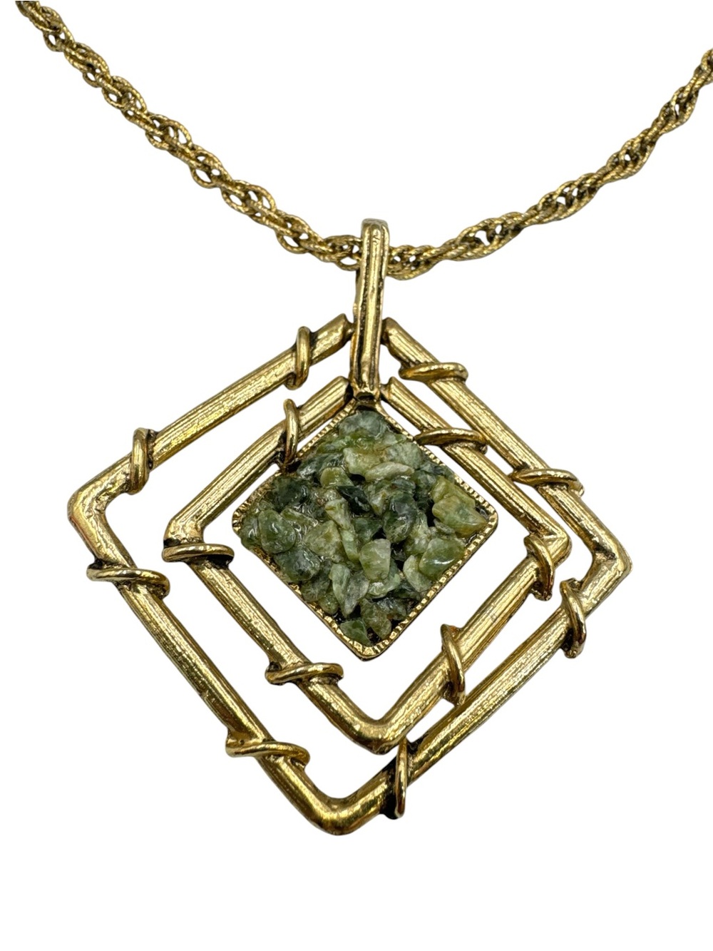Vintage Gold Tone Jade Chip Inlay Geometric Pendant Necklace Modernist 20”